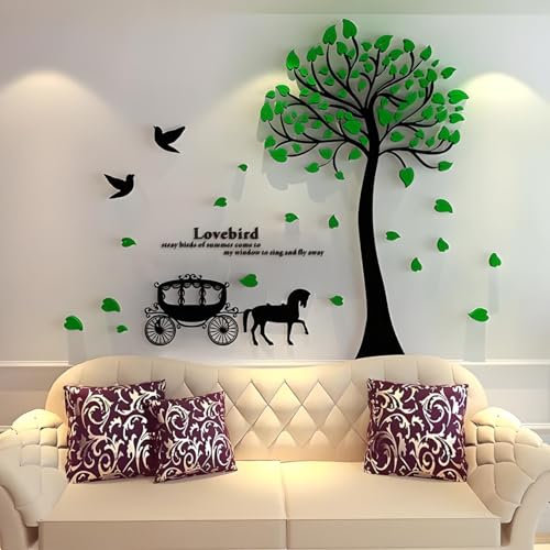 Lovebird 3D Wandtattoo Baum Blätter Kutsche Vögel - Romantische Wanddeko 165×150cm in grün oder rot - Dicke 2mm, perfekt für Wohnzimmer, Schlafzimmer oder Eingangsbereich (grün)