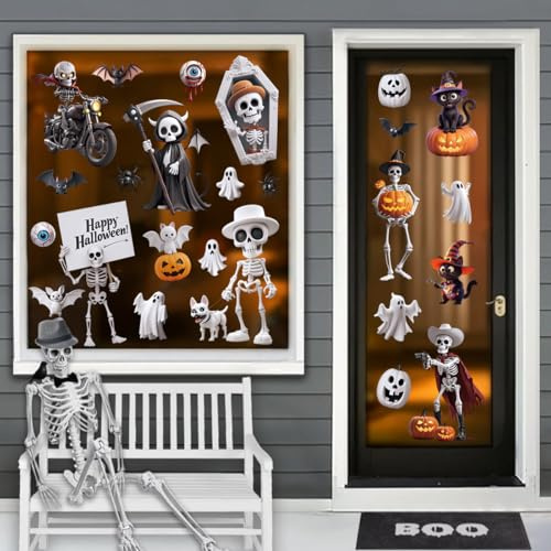 Halloween-Fensteraufkleber, Fledermaus, Geist, Spukhaus, Spinne, Totenköpfe, Kürbis-Dekorationen, Innenbereich, 9 Bögen