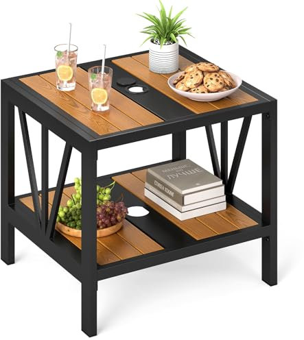 GOPLUS Table Basse Jardin Exterieur à 2 Niveaux avec Trou de Parasol 4 cm, Table d'Appoint Pieds Parasol de Bistrot en Métal avec Étagère de Rangement pour Balcon,Piscine, 52 x 46 x 45CM