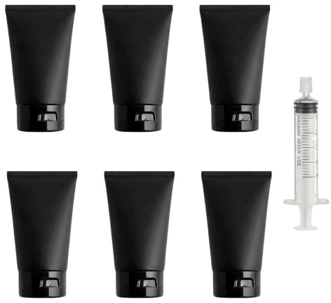 Upstore 6Pcs 150ml 5oz Black Plastic Travel Bottles Refillable Squeeze Soft Tubes with Flip Top Cap for Shampoo Lotion Toiletries Makeup Cosmetic Storage