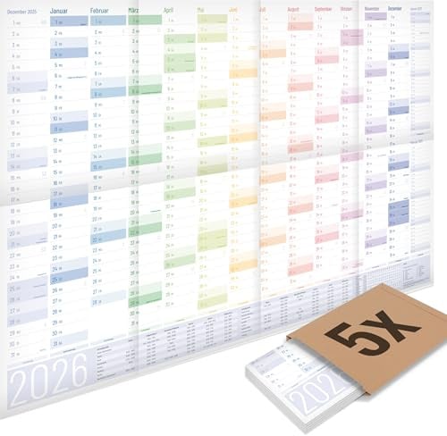 5er-Pack: Yohmoe® XL Seasons Wandkalender 2026 groß (84 x 60 cm) GEFALZT in Poster Größe. Querformat, gefaltet - Kalender 2026 Wandkalender