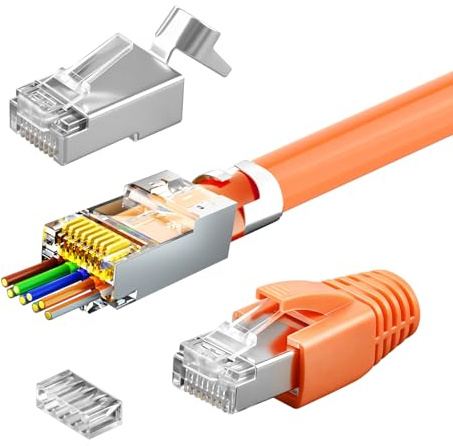 30er Set RJ45 Stecker Cat7 Cat6 Netzwerkstecker Lan Stecker für Verlegekabel mit Knickschutz Orange Einführhilfe Steckverbinder Modularstecker Verlegekabel Geschirmt für TV ADSL Modem TV Box Router PC