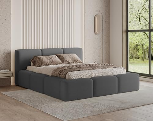 Chilly. Möbel Design Bett Como - Polsterbett 160x200 mit Bettkasten, Lattenrost und Kopfteil - Eleganter Bouclé-Stoffbezug Dunkelgrau