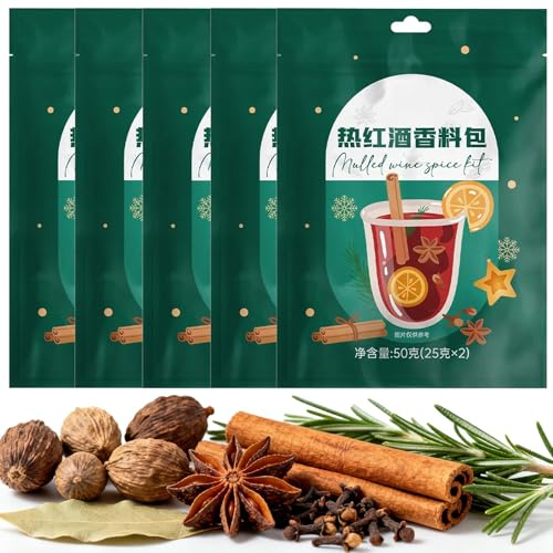 5 Packs Mulled Wine Spice Kit with Cinnamon, Cloves, and Star Anise, for Apple Cider, Mulled Wine, Glühwein, Hot Toddy Holiday Drink
