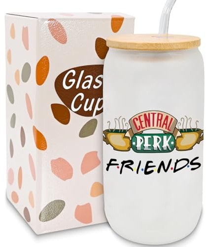HSSPIRITZ Friends Merchandise - Vasos de vidrio con tapas y popotes, regalos para fanáticos del programa de televisión Central Perk Friends, regalos de cumpleaños y Navidad para mujeres y hombres