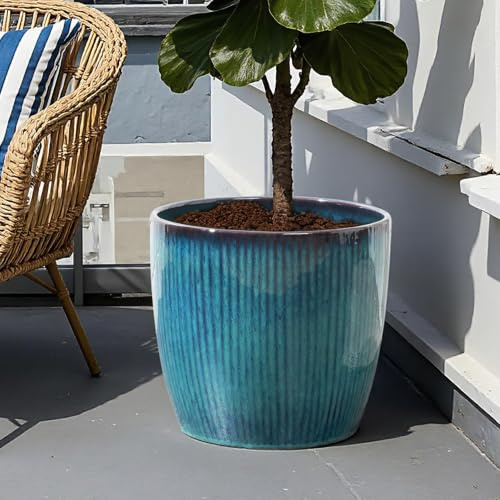 Hometopia Keramik Blumentopf groß & rund mit Ablaufloch, Ø 30 cm, Blaugrün | Keramik, Frostsicher&Wetterfest, Massiver Pflanzkübel mit Drainage-Loch für Balkon&Garten,Terrasse,Wohnzimmer Ø30xH28 cm