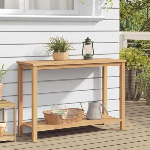 HOMELEN Console + table + espace de rangement + bois massif teck marron 110 x 40 x 45 cm + meubles d'extérieur + terrasse de jardin + résistant aux intempéries + style moderne pour décoration et