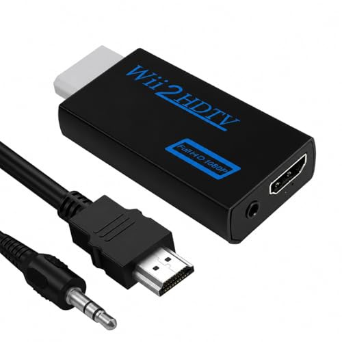 Wii HDMI Adapter mit 1m HDMI Kabel & 1m 3,5mm Audiokabel, 1080P Wii Adapter HDMI, Unterstützt Alle Anzeigemodi, Geeignet für Wii Konsole, HDTV, Monitor & Projektor, Plug & Play, Kompakt (Schwarz)