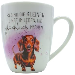 Kaffeebecher/Tasse, Teetasse, Kaffeetasse aus Porzellan, Motiv: Dackel, Es sind die kleinen Dinge im Leben, die glücklich machen, Größe H/Ø: 10 x 8 cm, Fassungsvermögen 250 ml, Spülmaschinengeeignet.