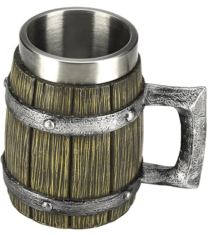 Bierkrug - Kunstholzfass aus Edelstahl, 600 ml, Bierkrug mit Holzfass