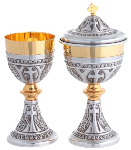 Holyart Calici Pissidi Patene metallo: Calice e pisside cesellati argento finiture oro, Calice