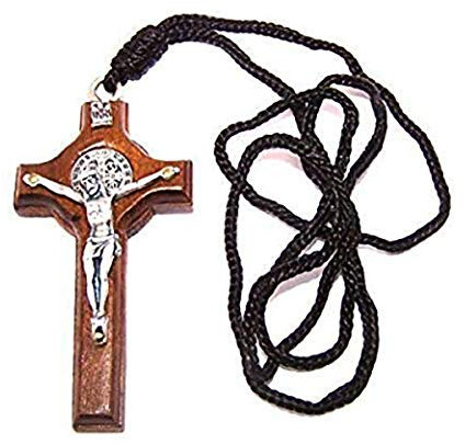 CB Pendentif en bois d'olivier avec croix de Saint Benoît de Nursie avec chaîne de 66 cm