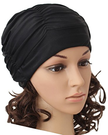 Ewanda store Colorful Pleated Nylon Cloth Swim Cap Large Swimming Cap Hot Spring Bathing Caps for Adult Men Women Long Hair(Black)