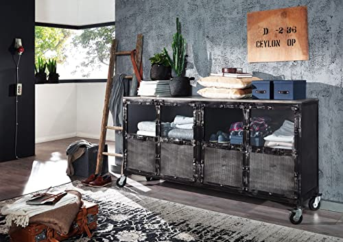 MASSIVMOEBEL24.DE | Heavy Industry Sideboard aus Massivholz #115 | aus Mangoholz - Grau, lackiert | 4 Fächer mit Türen | 180x40x90 cm | Kommode TV-Sideboard TV-Board