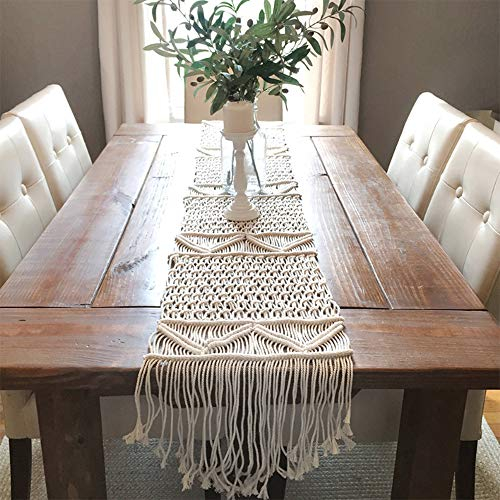 DÉCOCO Makramee Tischläufer handgewebte Boho Hochzeit Tischdekoration Bettwäsche Decke, 35 cm x 180 cm
