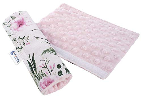 Medi Partners Gurtpolster Kinder Autogurt Polster Gurtschutz für Auto - 17x22cm 100% Baumwolle Minky Schulterpolster Kids Gurt Schutz Sicherheitsgurt (Blument mit hellrosa Minky)