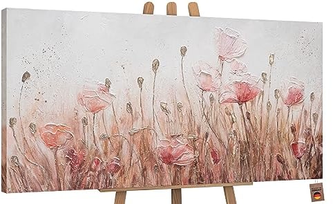 YS-Art Abstrakt Acryl Gemälde auf Leinwand April handgemalt Wandbilder Wohnzimmer modern Wohndekor Bilder Büro Praxis Beige Mohn Blumen echte Kunst 120x60 cm