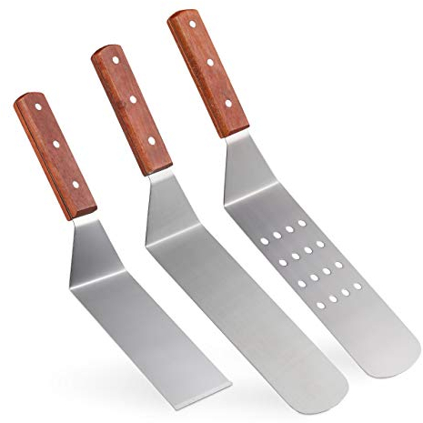 Relaxdays Grill Pfannenwender, Edelstahl, 3er Set, 2 Plancha Wender, 1 Grillspachtel, Profi Teppanyaki Zubehör, rotbraun, 3