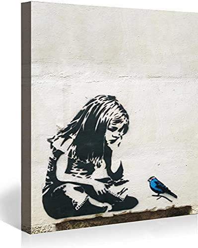 MJEDC Banksy Toile Tableau Girl with Blue Bird Street Art Graffiti Toile Art Décor Impression sur Toile Tableau Décoration murale salon moderne Avec Cadre 30x40cm