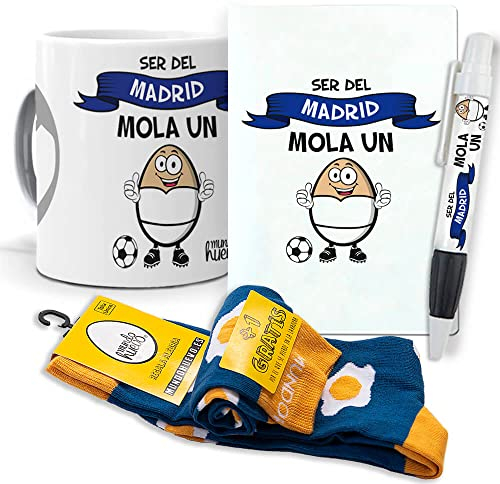 mundohuevo Super Regalo Personalizado y Divertido. Ser del Madrid Mola un Huevo. Taza, libreta, boli y Trio de Calcetines