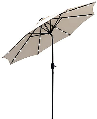 Outsunny Sombrilla de Jardín Ø268x238 cm Parasol de Terraza con 24 Luces LED Solar Mecanismo de Inclinación Manivela y Poste Desmontable de Metal para Piscina Patio Crema