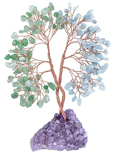 KYEYGWO Aquamarine & Grüner Aventurin Heilung Kristall Geldbaum auf Natürlichen Amethyst Drusensegment Rohstück Basis, Feng Shui Bonsai Baum Deko Stein Glückbaum Liebe Edelsteinbaum Ornament