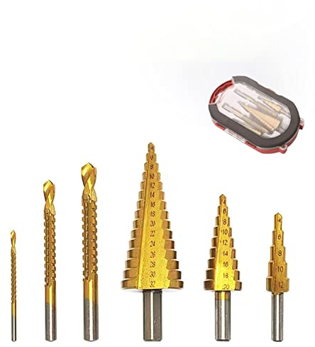 6-teiliges HSS-Bohrer-Set mit Koffer, titanbeschichtet, 3 Größen von Stufenbohrern und 3 Größen von Spiralbohrern für Metallbearbeitung, Holzbearbeitung, Lochbohrungen