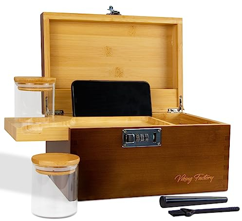 Viking Factory Bambus Aufbewahrungsbox mit Zahlenschloss Premium Holz Organizer Set Inkl. Abnehmbares Tablett & Glasbehälter Sichere Ordnungsbox für Zuhause Geschenk Set, 27x18x15cm,Braun