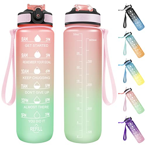 Invool Sports Water Bottle, 1 Litre Water Bottle with Straw & Time Markings, BPA Free, Leakproof & Secure Locking Lid, Tritan Plastic Drink Bottle for School/Cycling/Camping/Gym(Red Green)