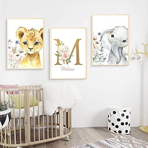 Youihom 3 Babyzimmer Bilder mit Namen Wandposter Personalisiert Baby 30x40 Wandbilder Kinderzimmer Waldtiere Elefant Löwe Poster Jungle Kinder Leinwand Dschungel Geschenke ohne Rahmen