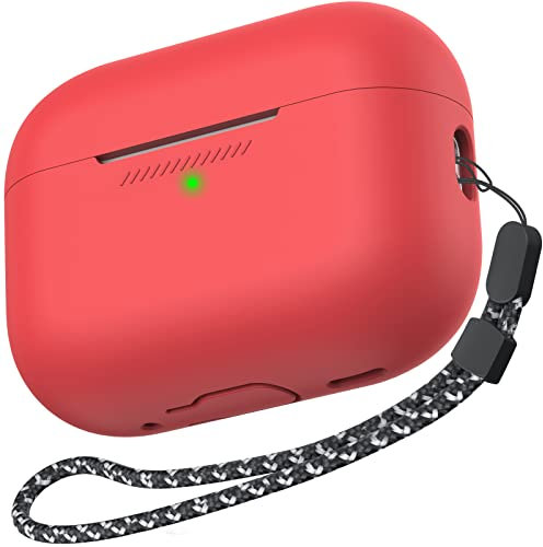AhaStyle AirPods Pro 2 Case Cover Soft Silicone AirPods Pro 2nd Generation Case [Added Hand Strap] Full Body Shockproof Covers for Apple AirPods Pro 2 2024/2023/2022 Charging Case (Red)