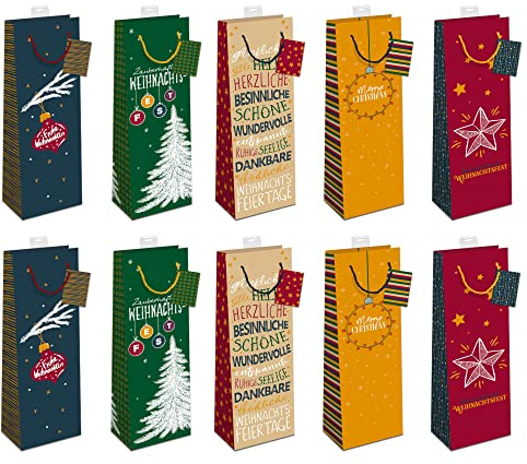 Geschenktaschen für Flaschen Weihnachten 10 Stück | Flaschentüten edle Geschenktüten für Wein Sekt Champagner | Flaschentasche mit farbiger Kordel, Namenskarte | Weihnachtsgrüße | Skorpion