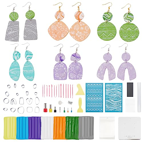 WEBEEDY Polymer Clay Ohrring Kit mit 2 Siebdruck Schablonen 6 Farben Ton, 18 Ohrring Ausstechformen Wiederverwendbare Siebdruck Polymer Clay Werkzeuge für Erwachsene Schmuckherstellung Zubehör