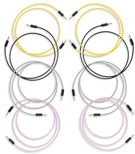 MyVolts Halo Long Pack, Hochwertiges Patchkabel für Modularsynthesizer (8er Pack, 3,5 mm Mono Klinke, gerade, goldbeschichtet, 2x50 cm Black, 2x50 cm Yellow, 2x80 cm Grey, 2x80 cm Pink)