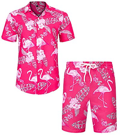 J.VER Herren Hawaiihemd Flamingo Floral Kurzarmhemd und Shorts Sommer Beach Freizeithemden Funky Party Outfit Hawaii Hemd Männer Faltenfrei Urlaub Hemd Set,Rosa Flamingo,XL