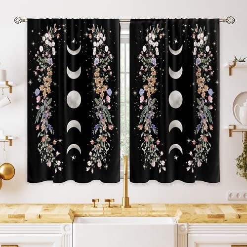 oolygoo Tende da cucina in stile bohémien, con motivo floreale e luna, colore nero, per finestre, corte, per bagno, sala da pranzo, stile gotico, botanico, 70 x 100 cm