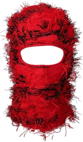 Distressed Balaclava Knitted Full Face Ski Mask Winter Windproof Neck Warmer for Men Women Distress Mask Beanie, Rotschwarz, EinheitsgröÃŸe