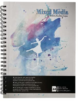 Mixed Media Skizzenbuch, 22.9 x 30.5 CM, 200GSM, 64 Blatt, Feinkorn, Säurefrei, Zeichenblock und Aquarellpapier für Marker, Aquarell, Tusche, Acryl, Gouache, Kohle und Pastell.