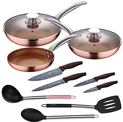 San Ignacio Set mit 5 Pfannen, 20,2 cm, mit Deckel, gepresstes Aluminium, Induktion, mit 3 Küchenutensilien, Nylon, mit 4 Messern aus Edelstahl