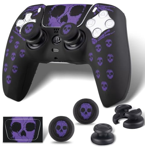 PlayRealm 1 coque en silicone et autocollant et 2 joysticks anti-chute pour manette PS5 (violet fantôme)