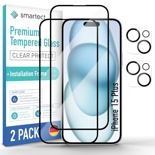 smartect Schutzglas 2 + 2 Stück Full Sreen für iPhone 15 Plus | Displayschutz + Kameraschutz, inkl. Positionierhilfe, HD Panzerfolie Anti-Kratzer, 0.3 mm Ultra-klar, 9H Härte, Blasenfrei