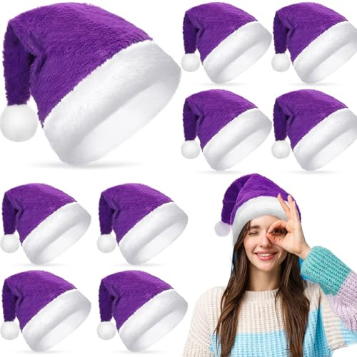 Suhine 10 Stück Nikolausmütze, Weihnachtsmütze, Urlaubsmütze, Weihnachtsmannmütze mit Komfortfutter und Plüschkrempe für Erwachsene Weihnachtsmützen (lila)