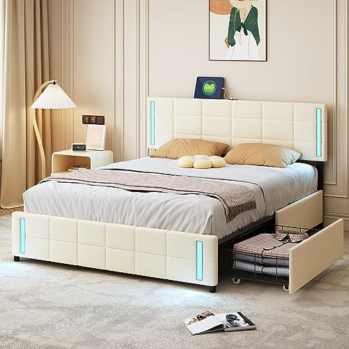 KUAKE Polsterbett 140 x 200cm, mit 4 Schubladen hautfreundliches Leinen gepolstert flaches Einzelbett Kinderbett, Jugendbett Gästebett (Beige)