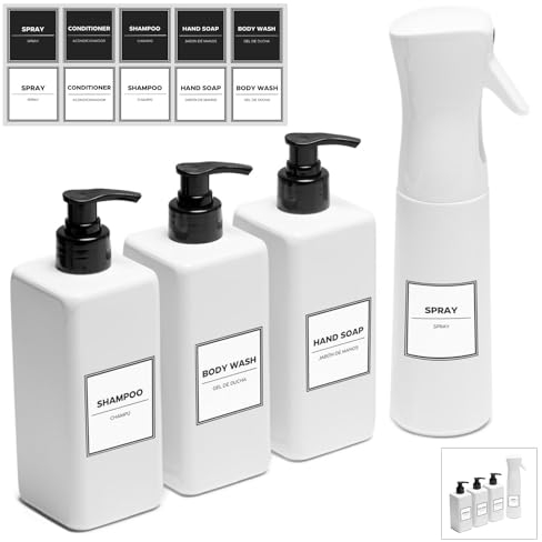 NPS WORKS 4 Piezas (Blanco), 3 Dispensadores de Jabón 500 ml, 1 Pulverizador 300 ml y 10 Etiquetas Impermeables. Botes para Gel y Champú. Botellas Recargables y Spray. Dosificador de Bomba.