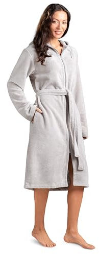 Twinzen Bademantel Damen Reißverschluss Kapuze - Bademantel Damen flauschig aus superweicher Öko-Tex Baumwolle Beige - Größe S