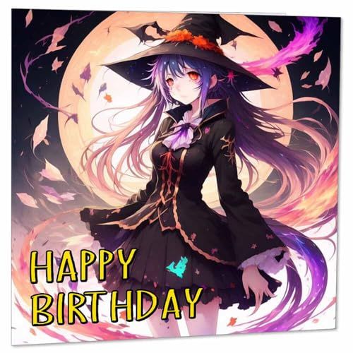 Anime Hexe Geburtstagskarte – Grußkarte, süßes Anime-Mädchen, Hexen, 145 x 145 mm