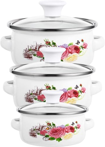 IWOWHERO 3st Suppenschüssel Mit Deckel Kochtopf Mit Griffen Emaillierte Soßenpfanne Mit Griff Dampfsuppentopf Soßentopf Aus Saucentopf Mit Griff Vintage Kochtopf Altmodisch Emaille