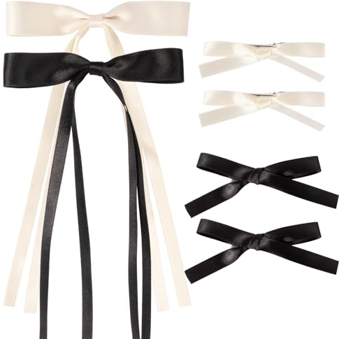 BOFUNX 6pcs Mollette Fiocchi per Capelli Fermagli per Capelli Fiocco Donna Fiocchi per Capelli in Raso Clip per Capelli a Fiocco Accessori Capelli per Ragazze Donna Nero+ Bianco