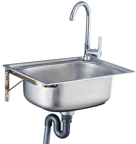 Évier Inox évier En Acier Inoxydable 1 Bac Brossé Rectangle Lavabo à Monter Au Mur Évier De Cuisine Cuve Simple Avec Robinet Supports Muraux, Facile à Nettoyer (42x37cm)