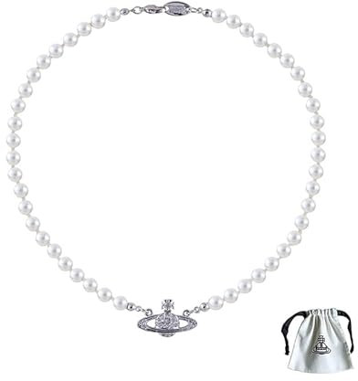 Planet Orb Pearl Silver Necklace 925 Mini Bas Earrings Set Crystal Rhinestone Y2k Aesthetic Pendant Mini Bas Necklace for Women Girlfriend Wife Birthday Jewellery Gift (Pearl Necklace)